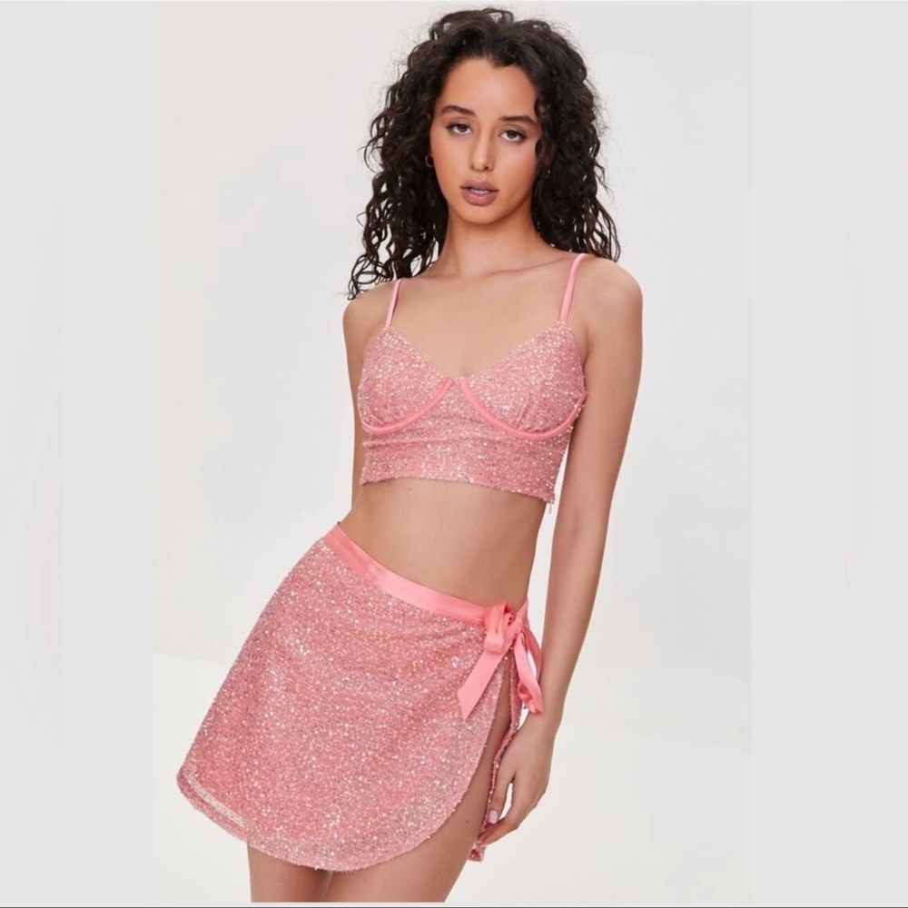 Forever 21 pink cropped sequin cami and skirt set